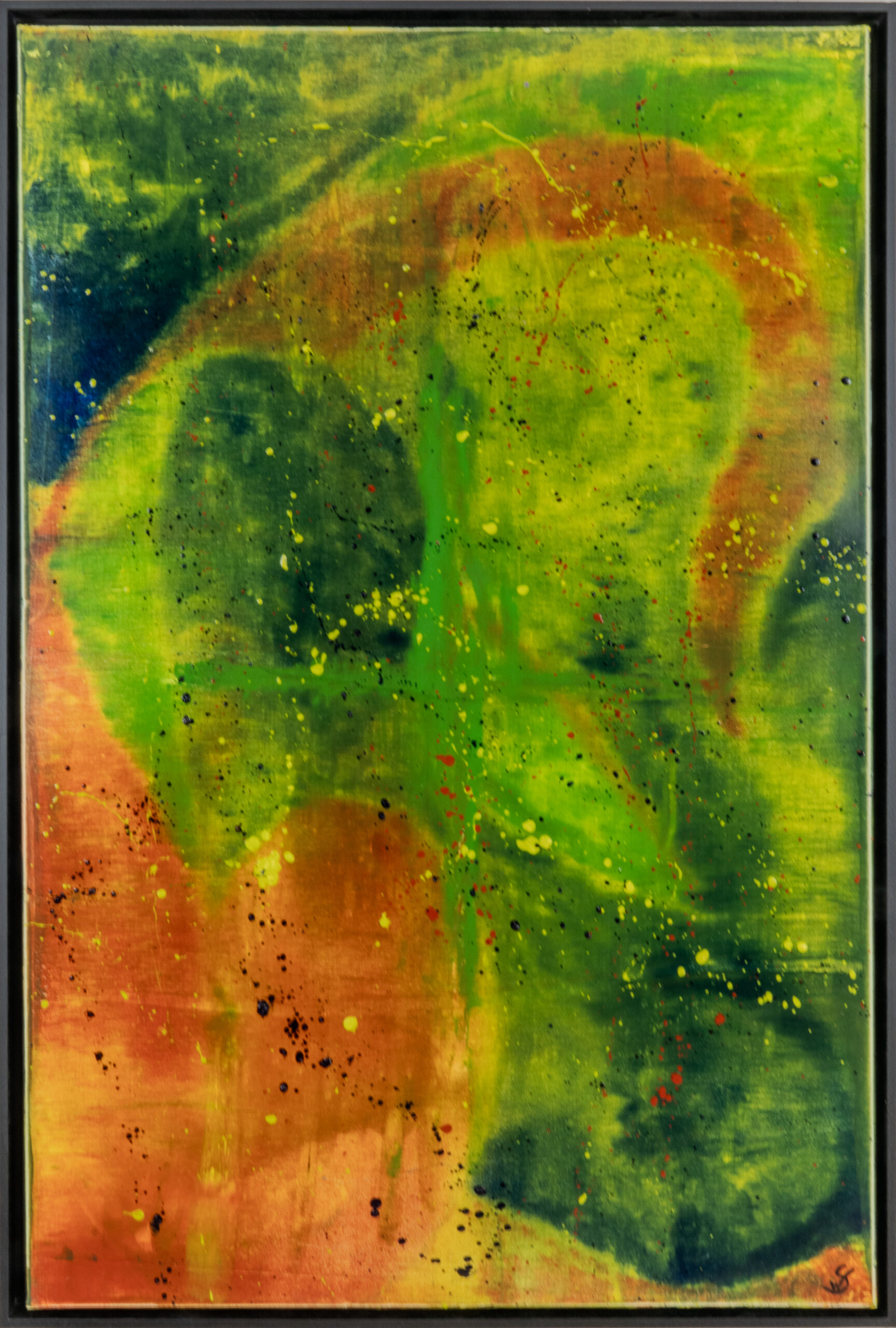 A framed abstract painting with green, yellow and orange paint, fine marks and textured layers.