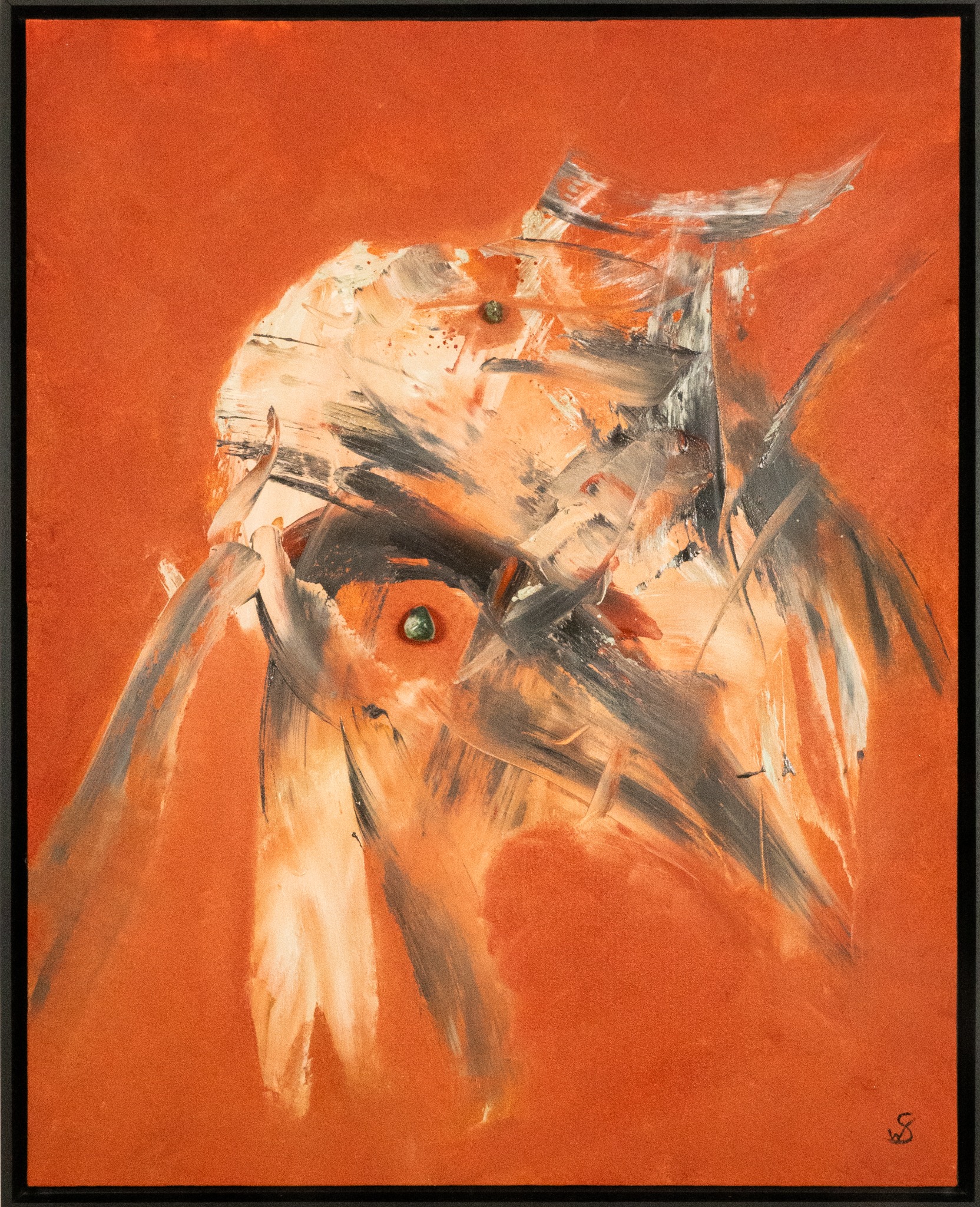 Maki, a painting with an orange ground, expressive light and dark strokes and green accents.