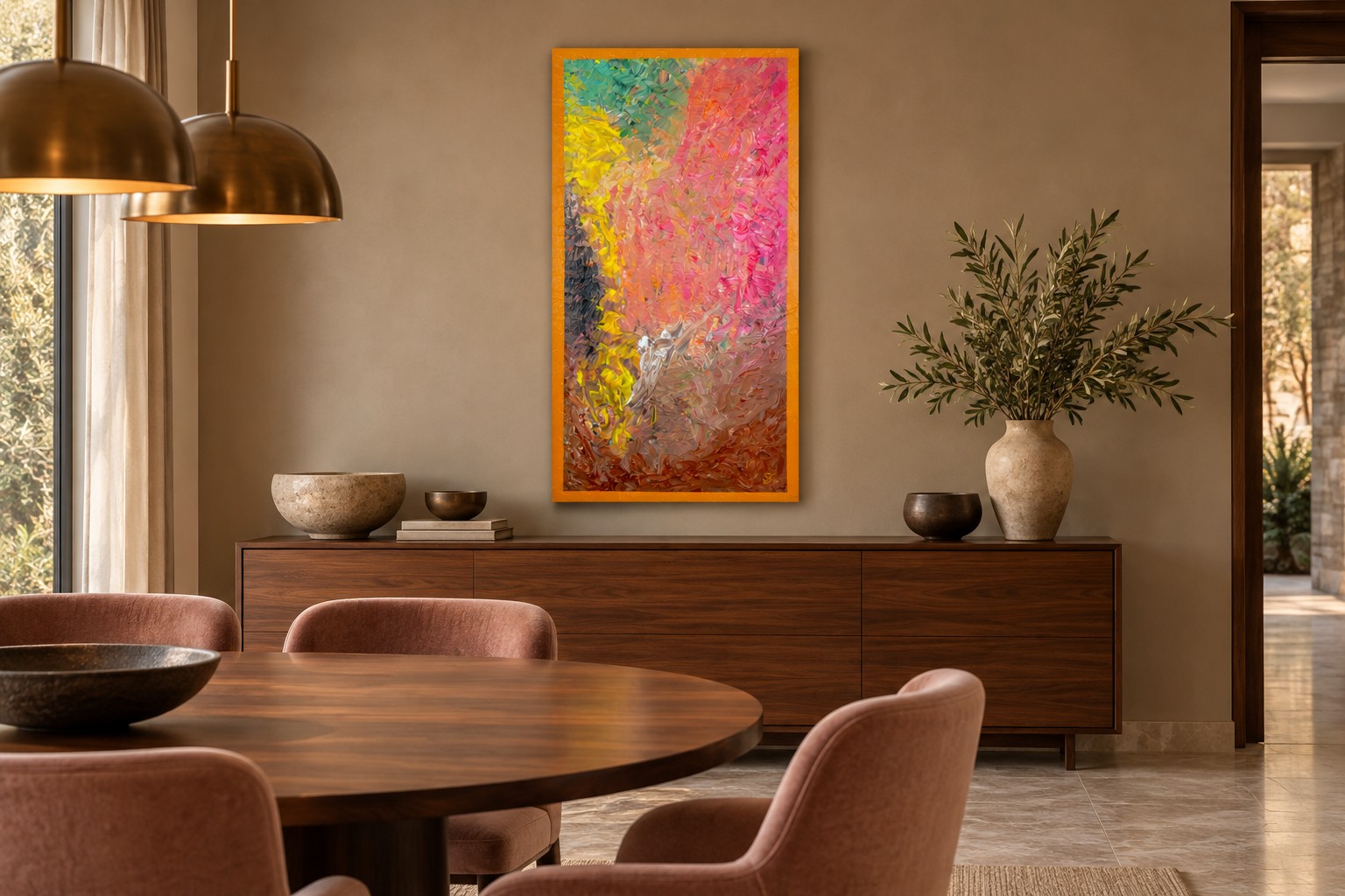 Bolivia by Ward Schepman displayed in an elegant dining room. AI interior visualisation. Scale is indicative.