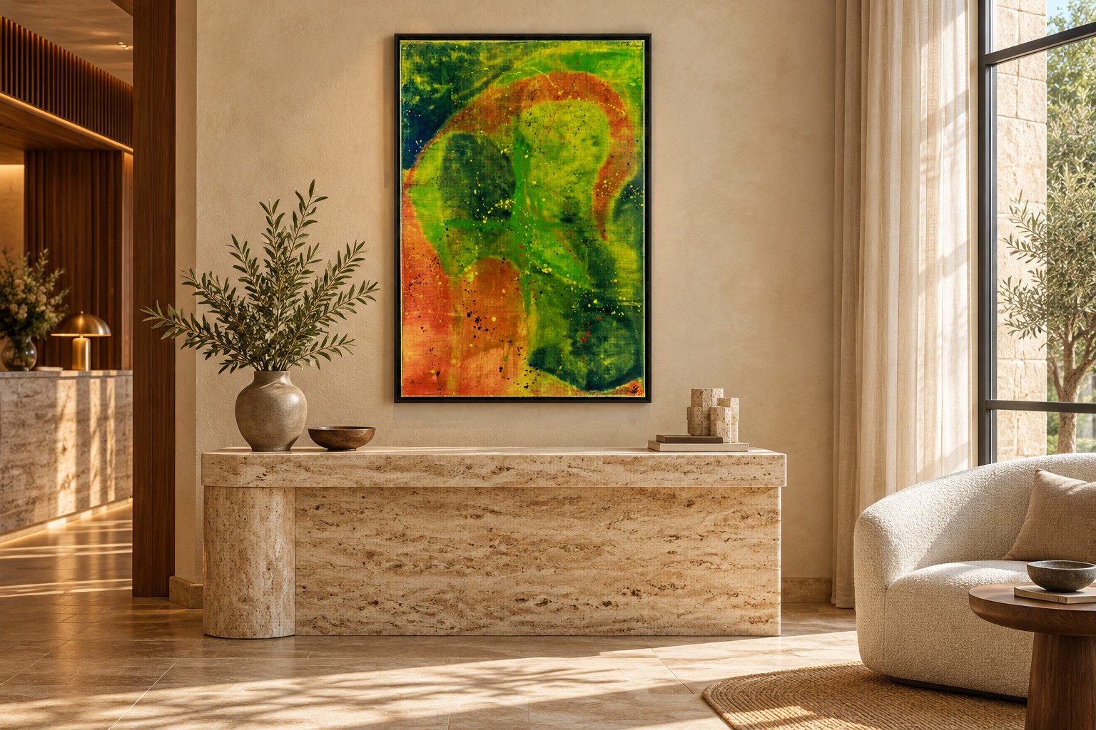 Brazil by Ward Schepman displayed in a boutique hotel lounge. AI interior visualisation. Scale is indicative.
