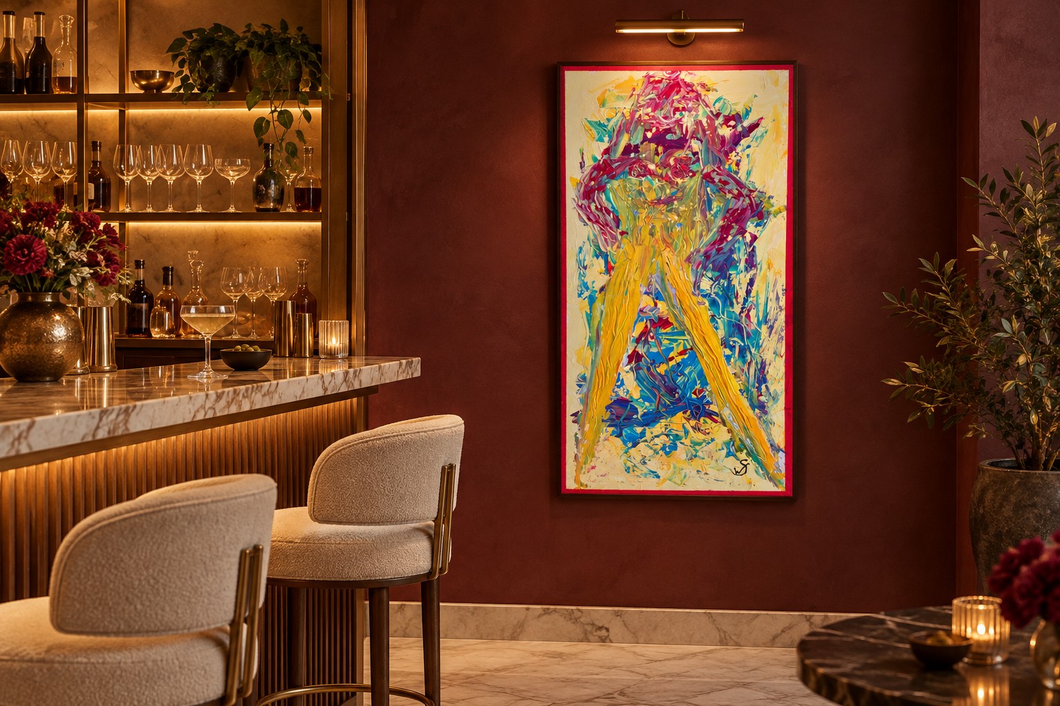 Colombia by Ward Schepman displayed in a boutique hotel cocktail bar. AI interior visualisation. Scale is indicative.