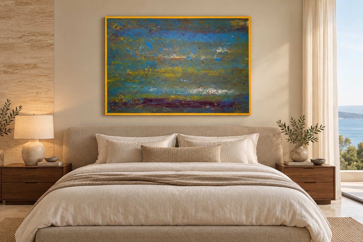 Fiji by Ward Schepman displayed in a bedroom overlooking the sea. AI interior visualisation. Scale is indicative.