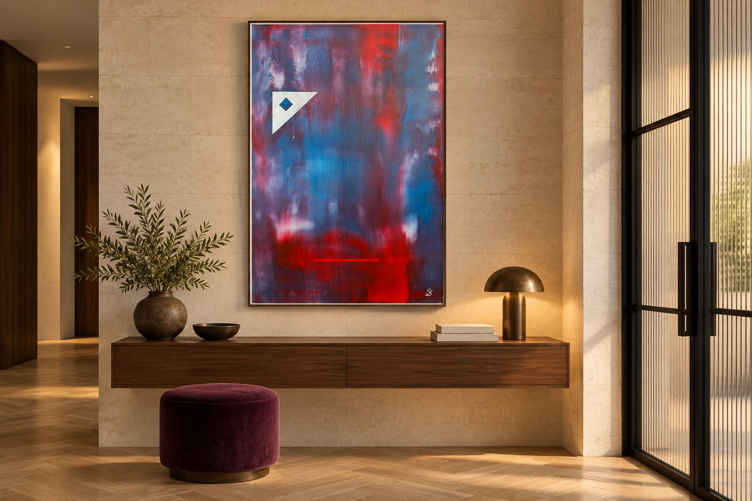 France by Ward Schepman displayed in an elegant apartment entrance. AI interior visualisation. Scale is indicative.