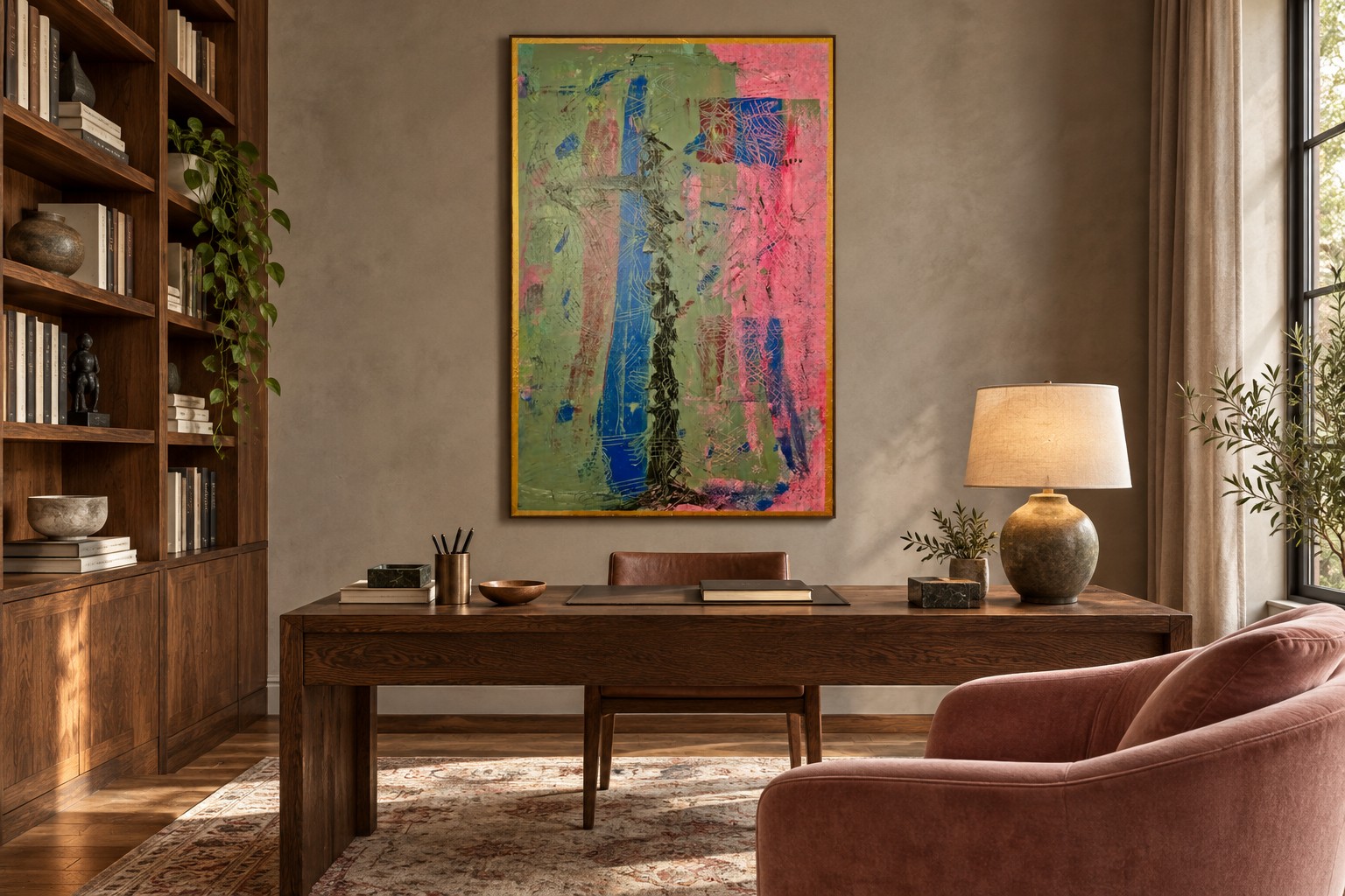 Laos by Ward Schepman displayed in a home study. AI interior visualisation. Scale is indicative.