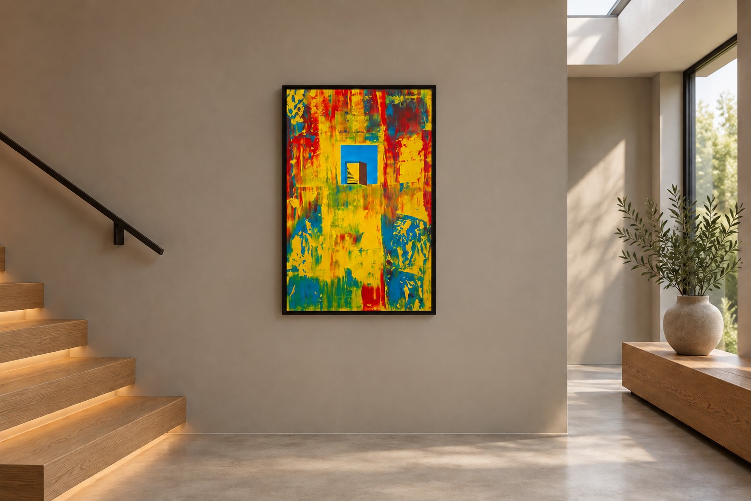 Sweden by Ward Schepman displayed in a hotel staircase. AI interior visualisation. Scale is indicative.