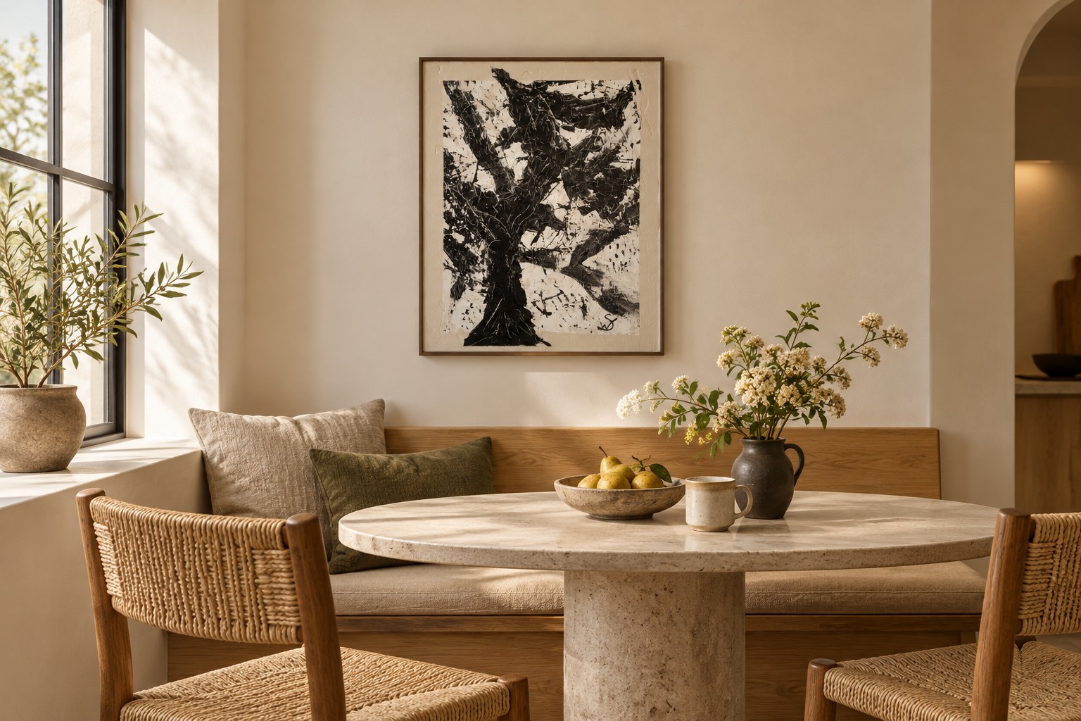 Vietnam by Ward Schepman displayed in a breakfast nook. AI interior visualisation. Scale is indicative.