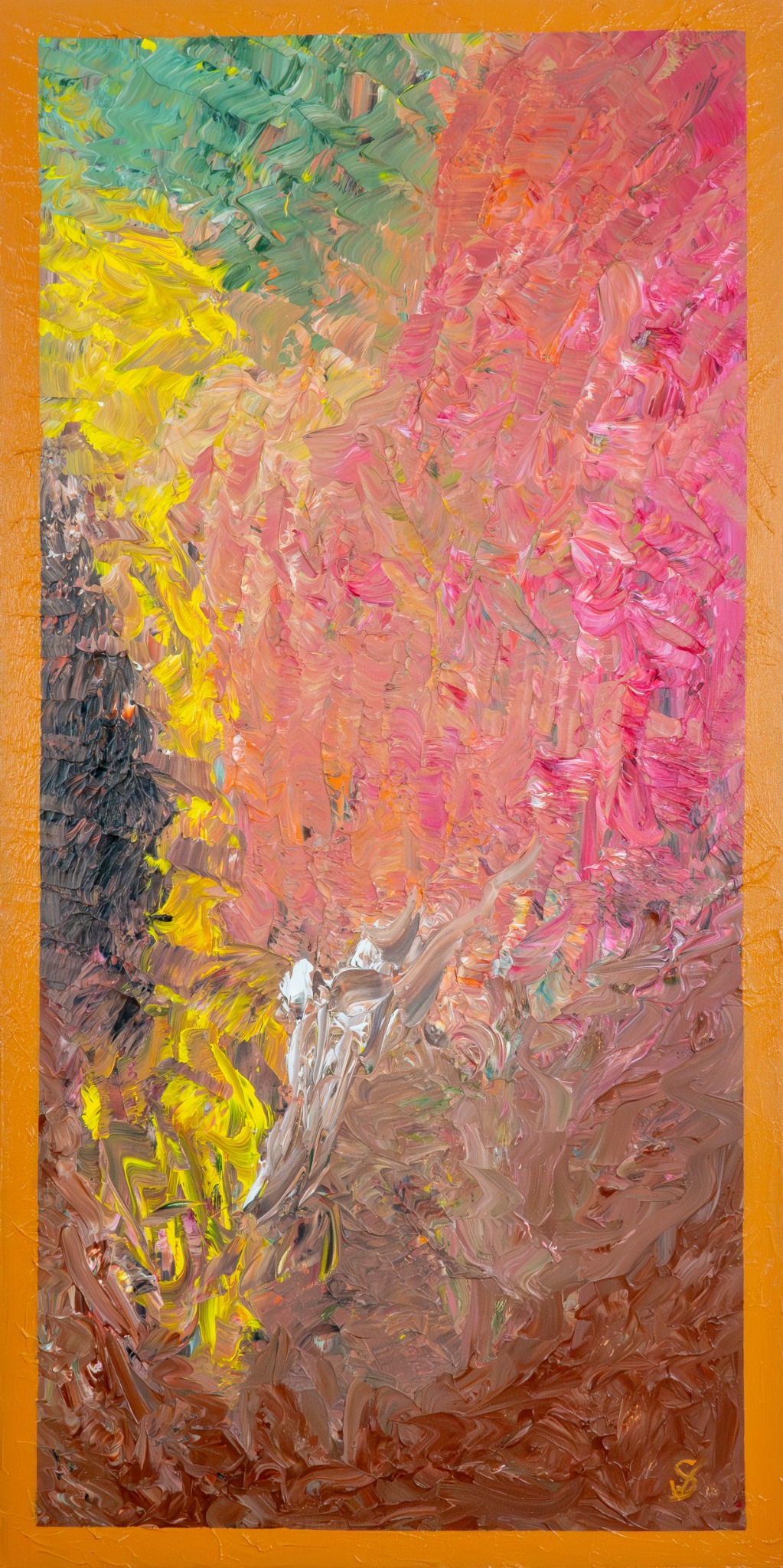 An abstract painting with an orange border, pink and brown strokes and yellow and green accents.