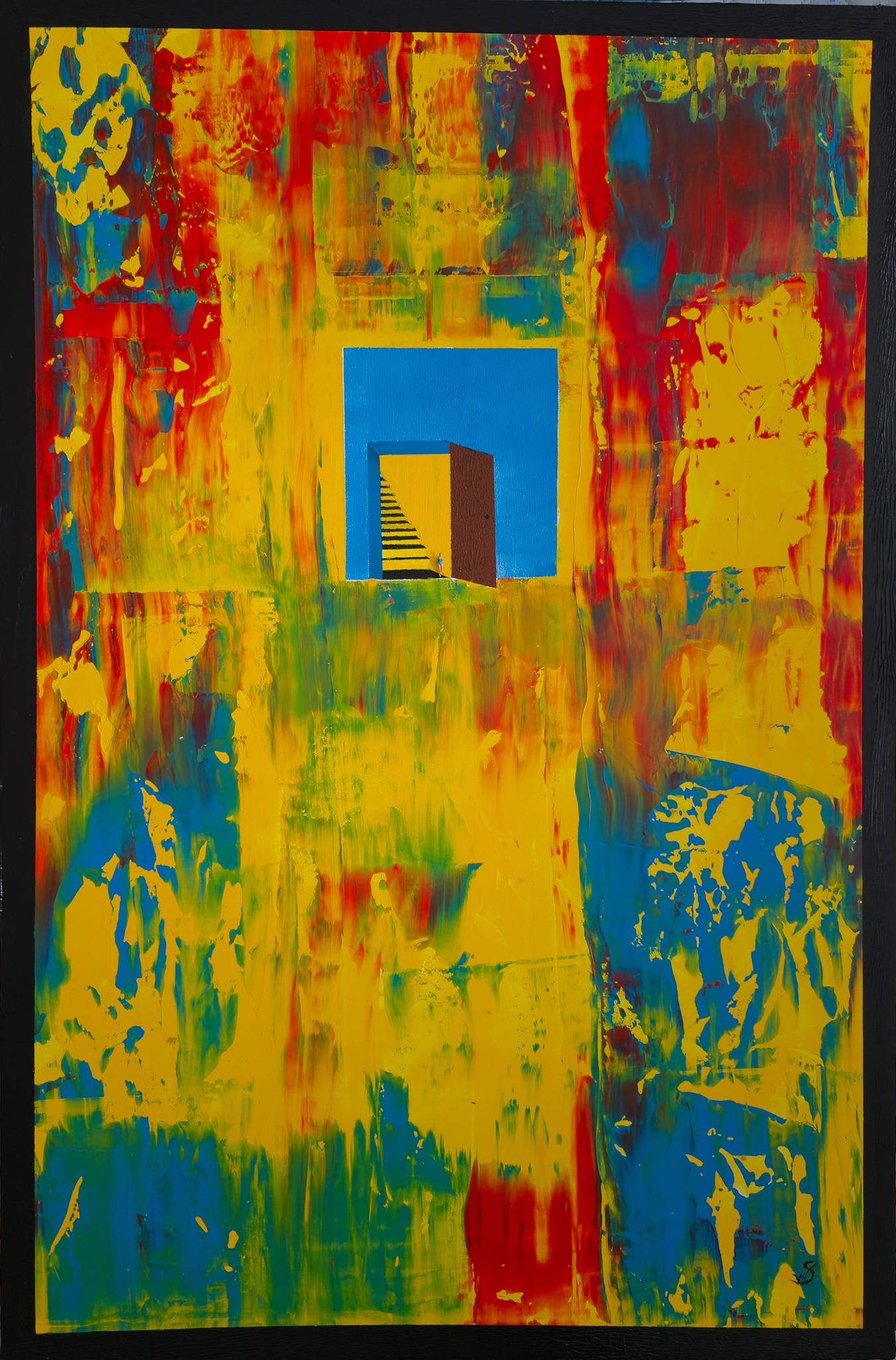 A yellow, red and blue painting with a blue opening, a door, steps and a miniature figure.