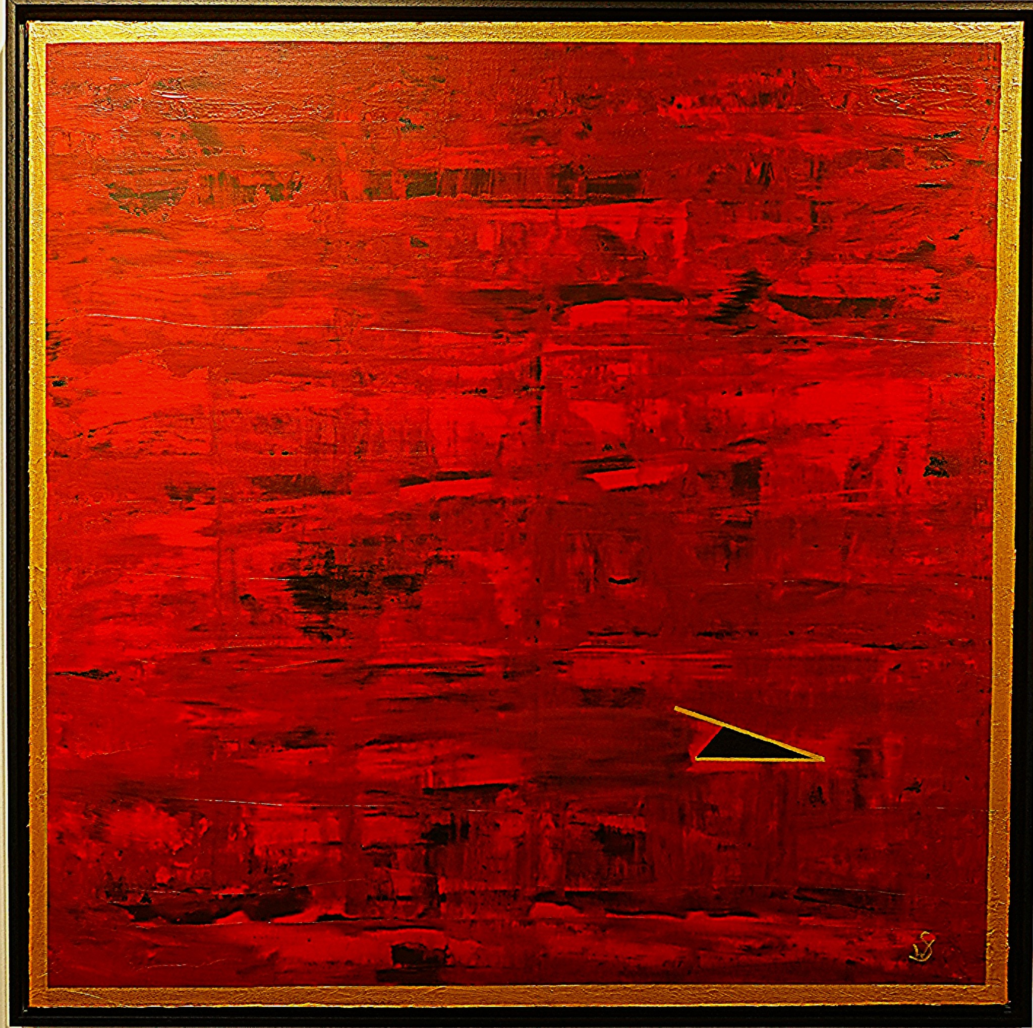 A red relief painting with dark traces, a small triangular accent and a gold border.