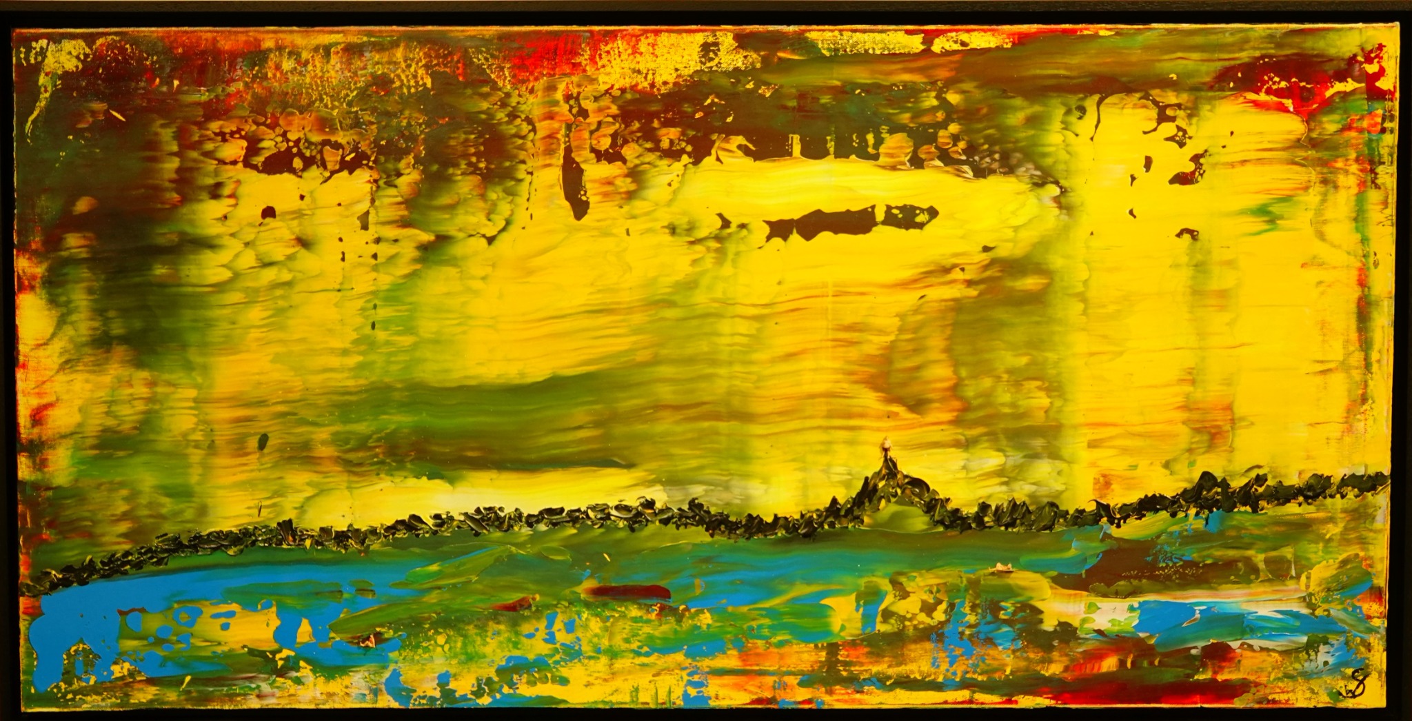 A wide painting in yellow, green and blue with a dark relief line and a small figure.