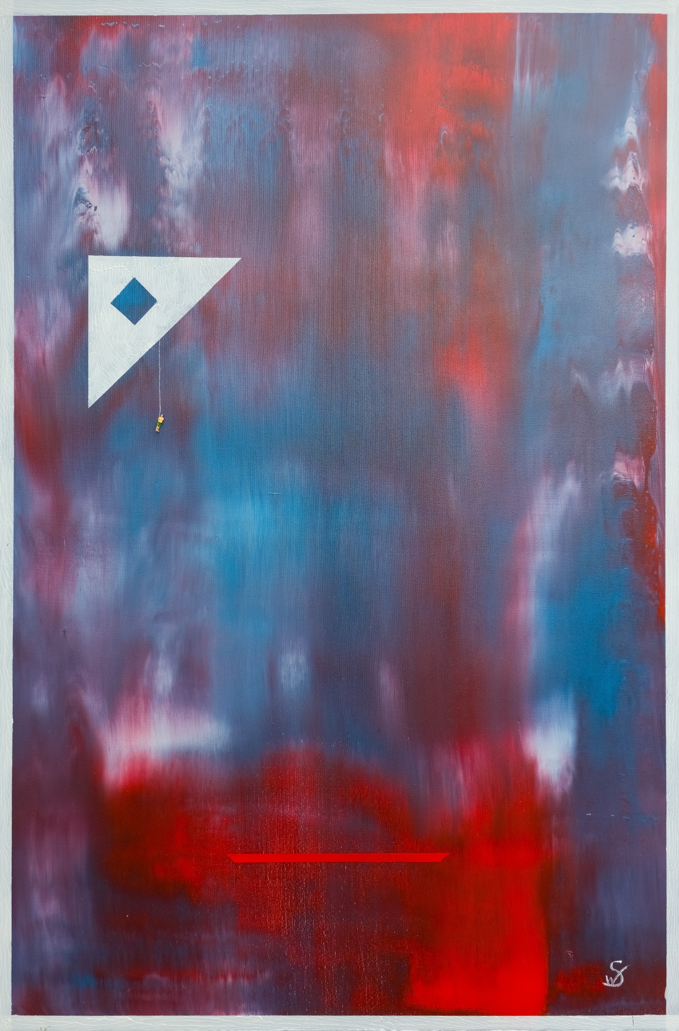 A blue, red and purple painting with a white triangle, a blue square and a miniature figure.