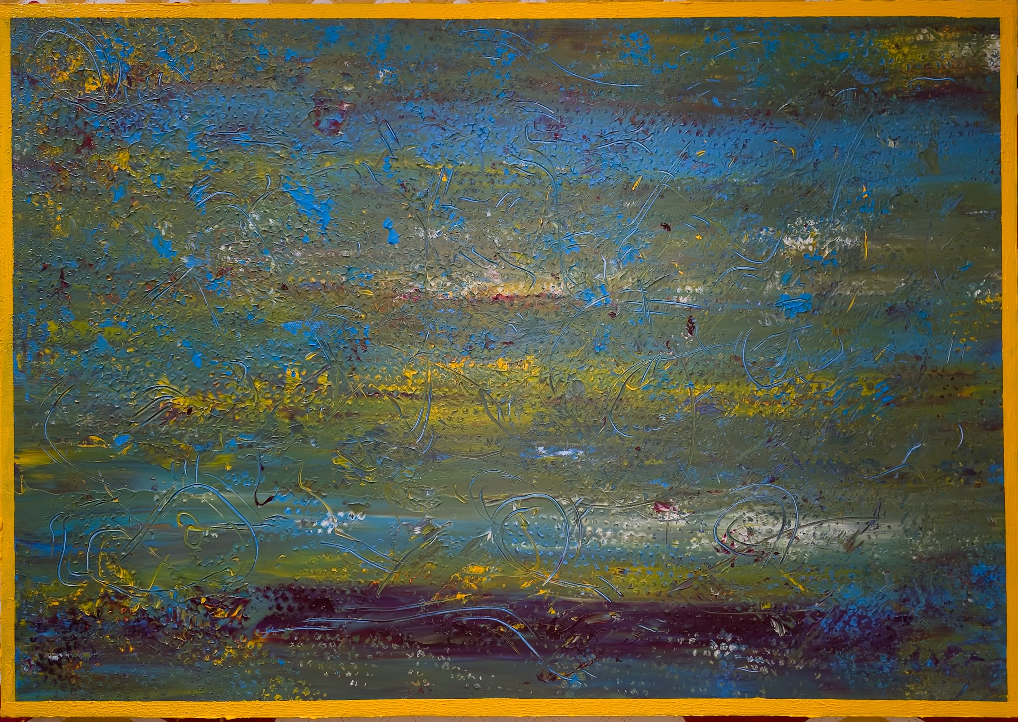 Fiji, a horizontal painting with blue-green paint, scratched marks and a yellow border.
