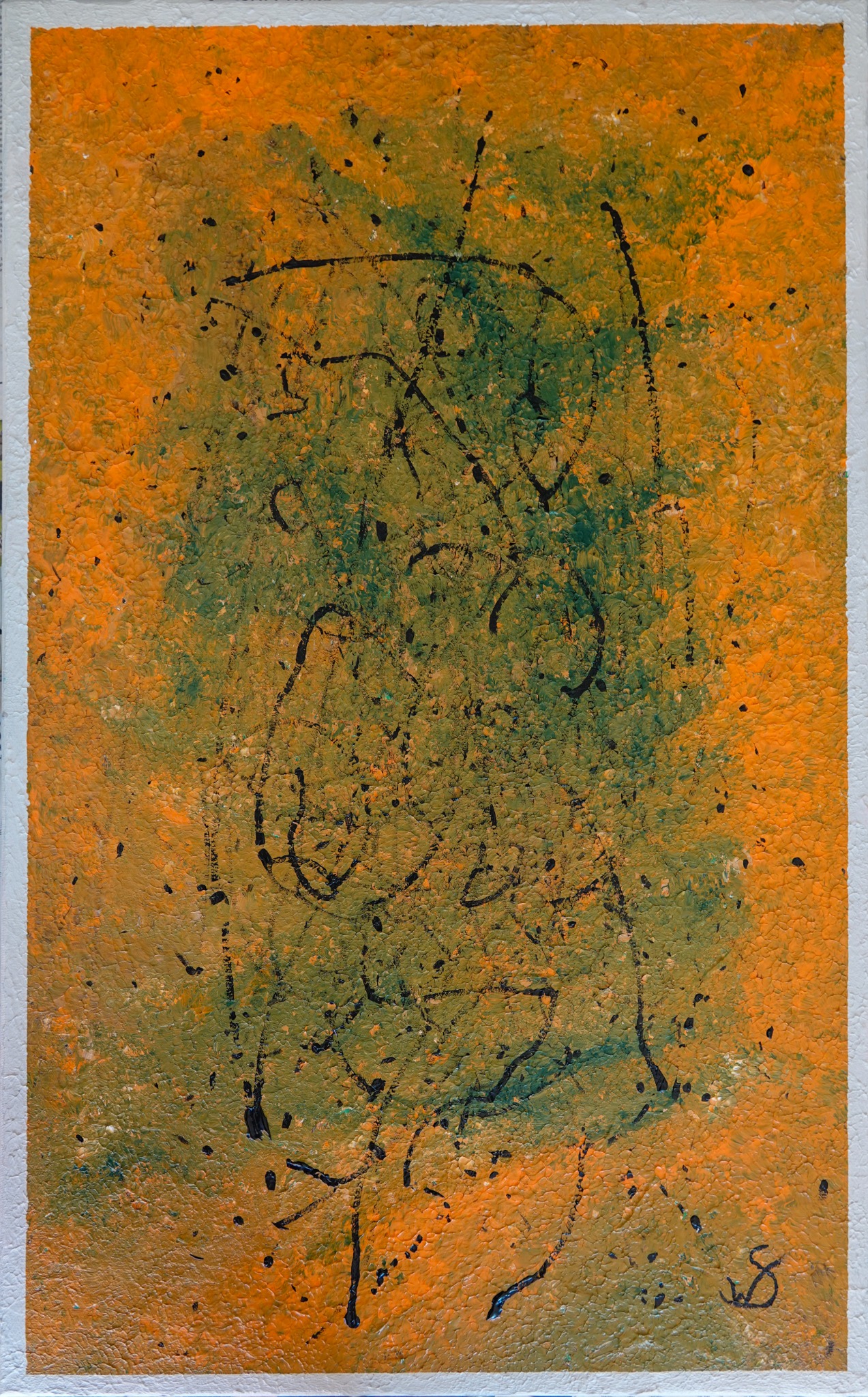 Ireland, a painting with orange and green textures, black marks and a pale border.